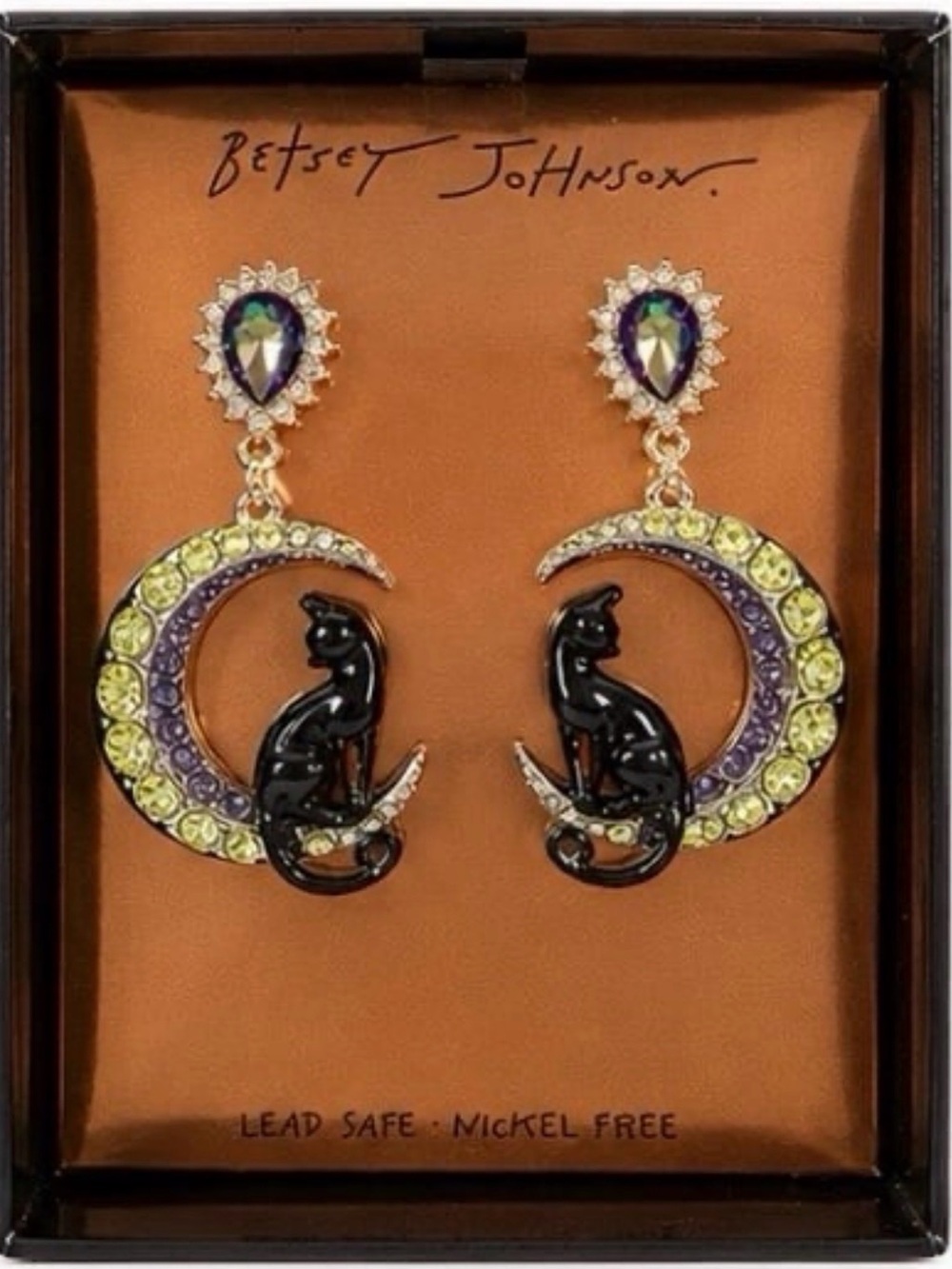 Betsey Johnson Black Cat Crescent Moon Earrings